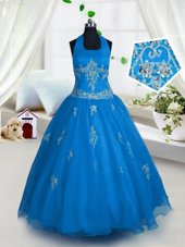 Romantic Halter Top Sleeveless Tulle Girls Pageant Dresses Appliques Lace Up