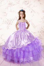 Custom Fit Lavender Ball Gowns Embroidery and Ruffled Layers Custom Made Lace Up Organza Sleeveless Floor Length