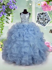 Scoop Light Blue Ball Gowns Ruffles and Sequins Party Dresses Zipper Organza Sleeveless Floor Length