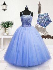 Tulle Sleeveless Floor Length Flower Girl Dresses for Less and Beading and Sequins