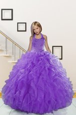 Organza Halter Top Sleeveless Lace Up Beading and Ruffles Little Girls Pageant Gowns in Lavender