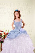 Decent Light Blue Lace Up Flower Girl Dress Beading and Ruffled Layers and Hand Made Flower Sleeveless Floor Length