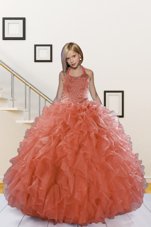 Watermelon Red Ball Gowns Organza Halter Top Sleeveless Beading and Ruffles Floor Length Lace Up Little Girl Pageant Dress
