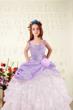 Best Lilac Organza Lace Up Straps Sleeveless Floor Length Toddler Flower Girl Dress Beading and Ruffled Layers and Hand Made Flower