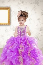 Sleeveless Beading and Ruffles and Sequins Lace Up Toddler Flower Girl Dress