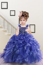 Navy Blue Sleeveless Beading and Ruffles Floor Length Party Dresses