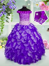 Beautiful Off the Shoulder Sleeveless Organza Floor Length Lace Up Little Girls Pageant Dress Wholesale in Navy Blue for with Beading and Hand Made Flower