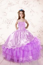 Glorious Floor Length Fuchsia Party Dress for Toddlers Organza Sleeveless Embroidery and Ruffled Layers