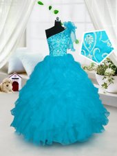 Floor Length Turquoise Flower Girl Dresses for Less One Shoulder Sleeveless Lace Up