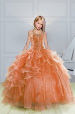 Wonderful Halter Top Sleeveless Toddler Flower Girl Dress Floor Length Beading and Ruffles Orange Organza