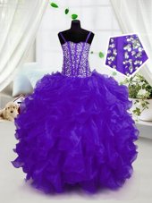 Romantic Purple Sleeveless Beading and Ruffles Floor Length Party Dress for Toddlers
