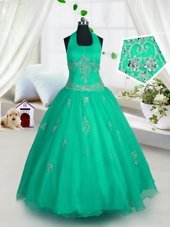 Glittering Green Tulle Lace Up Halter Top Sleeveless Floor Length Flower Girl Dresses for Less Appliques