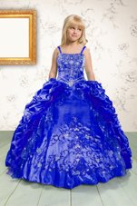 Smart Floor Length Lace Up Kids Pageant Dress Royal Blue and In for Party and Wedding Party with Beading and Appliques and Pick Ups