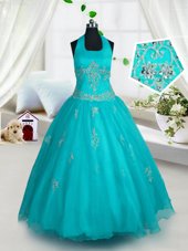 Halter Top Sleeveless Lace Up Party Dress for Toddlers Aqua Blue Tulle