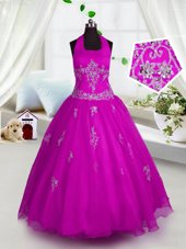 Fuchsia Halter Top Lace Up Appliques Juniors Party Dress Sleeveless