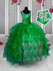Dramatic Straps Sleeveless Little Girl Pageant Gowns Floor Length Appliques and Ruffled Layers Green Organza