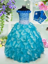 Nice Sequins Ball Gowns Kids Pageant Dress Turquoise Off The Shoulder Organza Sleeveless Floor Length Lace Up