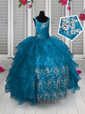 Aqua Blue Sleeveless Appliques and Ruffled Layers Floor Length Toddler Flower Girl Dress