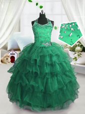 Noble Peacock Green Lace Up Scoop Beading and Ruffled Layers Party Dress Organza Sleeveless