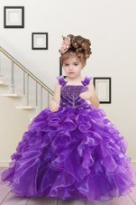 Purple Lace Up Womens Party Dresses Beading and Ruffles Sleeveless Floor Length