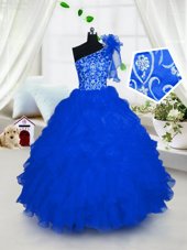 Elegant Royal Blue Ball Gowns One Shoulder Sleeveless Organza Floor Length Lace Up Embroidery and Ruffles Juniors Party Dress