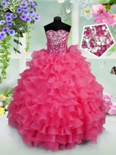Exquisite Sequins Ruffled Sweetheart Sleeveless Lace Up Toddler Flower Girl Dress Hot Pink Organza