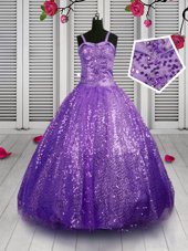 Sexy Lavender Ball Gowns Sequined Straps Sleeveless Sequins Floor Length Lace Up Flower Girl Dress