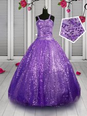 Sexy Lavender Ball Gowns Sequined Straps Sleeveless Sequins Floor Length Lace Up Flower Girl Dress
