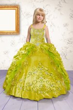 Floor Length Apple Green Kids Formal Wear Satin Sleeveless Beading and Appliques and Pick Ups