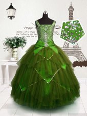 Olive Green Lace Up Straps Beading and Belt Casual Dresses Tulle Sleeveless