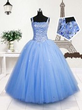 Flare Sequins Floor Length Baby Blue Kids Formal Wear Straps Sleeveless Lace Up