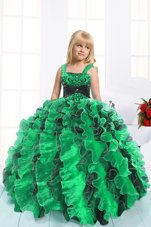 Chic Green Ball Gowns Beading and Ruffles Little Girl Pageant Gowns Lace Up Organza Sleeveless Floor Length