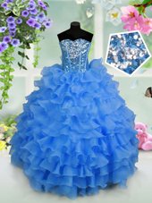 Sweet Light Blue Lace Up Sweetheart Ruffled Layers and Sequins Toddler Flower Girl Dress Organza Sleeveless