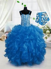 Most Popular Blue Kids Formal Wear Party and Wedding Party and For with Beading and Ruffles Spaghetti Straps Sleeveless Lace Up