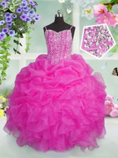 Simple Beading and Ruffles and Pick Ups Child Pageant Dress Baby Pink Lace Up Sleeveless Floor Length