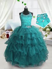 Edgy Turquoise Sleeveless Floor Length Beading and Ruffled Layers Lace Up Party Dress Wholesale