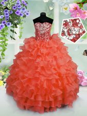 Perfect Fuchsia Sleeveless Floor Length Beading and Ruffles Lace Up Flower Girl Dresses