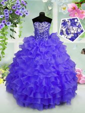 Captivating Sleeveless Floor Length Ruffled Layers and Sequins Lace Up Pageant Gowns For Girls with Blue