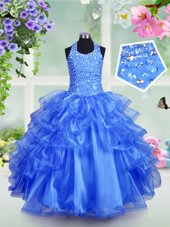 Romantic Halter Top Sleeveless Toddler Flower Girl Dress Floor Length Beading and Ruffled Layers Royal Blue Organza