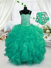Spaghetti Straps Sleeveless Lace Up Pageant Gowns For Girls Turquoise Organza