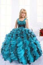 Ideal Turquoise Ball Gowns Straps Sleeveless Organza Floor Length Lace Up Beading and Ruffles Casual Dresses