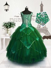 Floor Length Green Flower Girl Dress Organza Sleeveless Beading and Pick Ups
