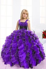 New Style Blue And Black Straps Lace Up Beading and Ruffles Party Dress for Girls Sleeveless