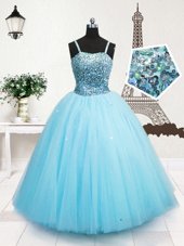 Attractive Turquoise Ball Gowns Tulle Spaghetti Straps Sleeveless Beading and Sequins Floor Length Zipper Little Girl Pageant Dress