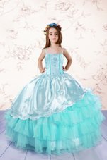 Fashionable Ruffled Ball Gowns Toddler Flower Girl Dress Turquoise Spaghetti Straps Organza Sleeveless Floor Length Lace Up