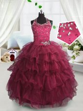 Scoop Floor Length Lace Up Party Dresses Watermelon Red and In for Party and Wedding Party with Beading and Ruffled Layers