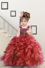 Floor Length Lace Up Kids Pageant Dress Watermelon Red and In for Military Ball and Sweet 16 and Quinceanera with Beading and Ruffles
