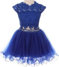 Admirable Scoop Cap Sleeves Flower Girl Dress Mini Length Beading and Lace Navy Blue Organza