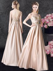 Scoop Champagne Taffeta Zipper Prom Party Dress Half Sleeves Floor Length Appliques