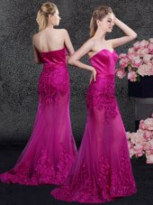 Mermaid Fuchsia Sleeveless Satin and Tulle Sweep Train Zipper Prom Evening Gown for Prom and Military Ball and Wedding Party